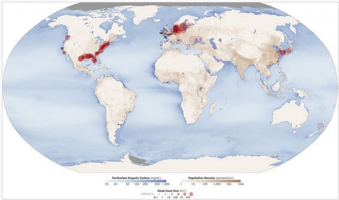 Location of known coastal dead zones. Red circles show the location and size of many dead zones. Black dots show dead zones of unknown size.